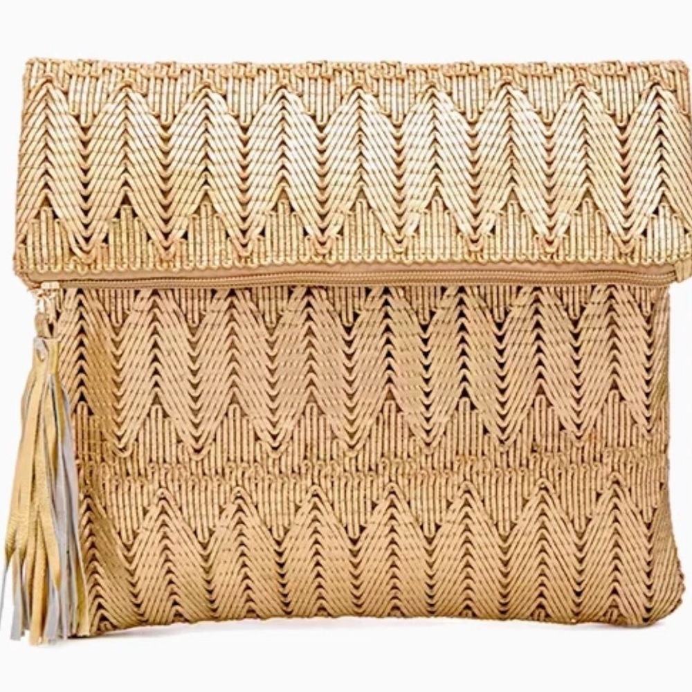 Ale By Alessandra La Pluma Gold Woven Clutch Purse Bag